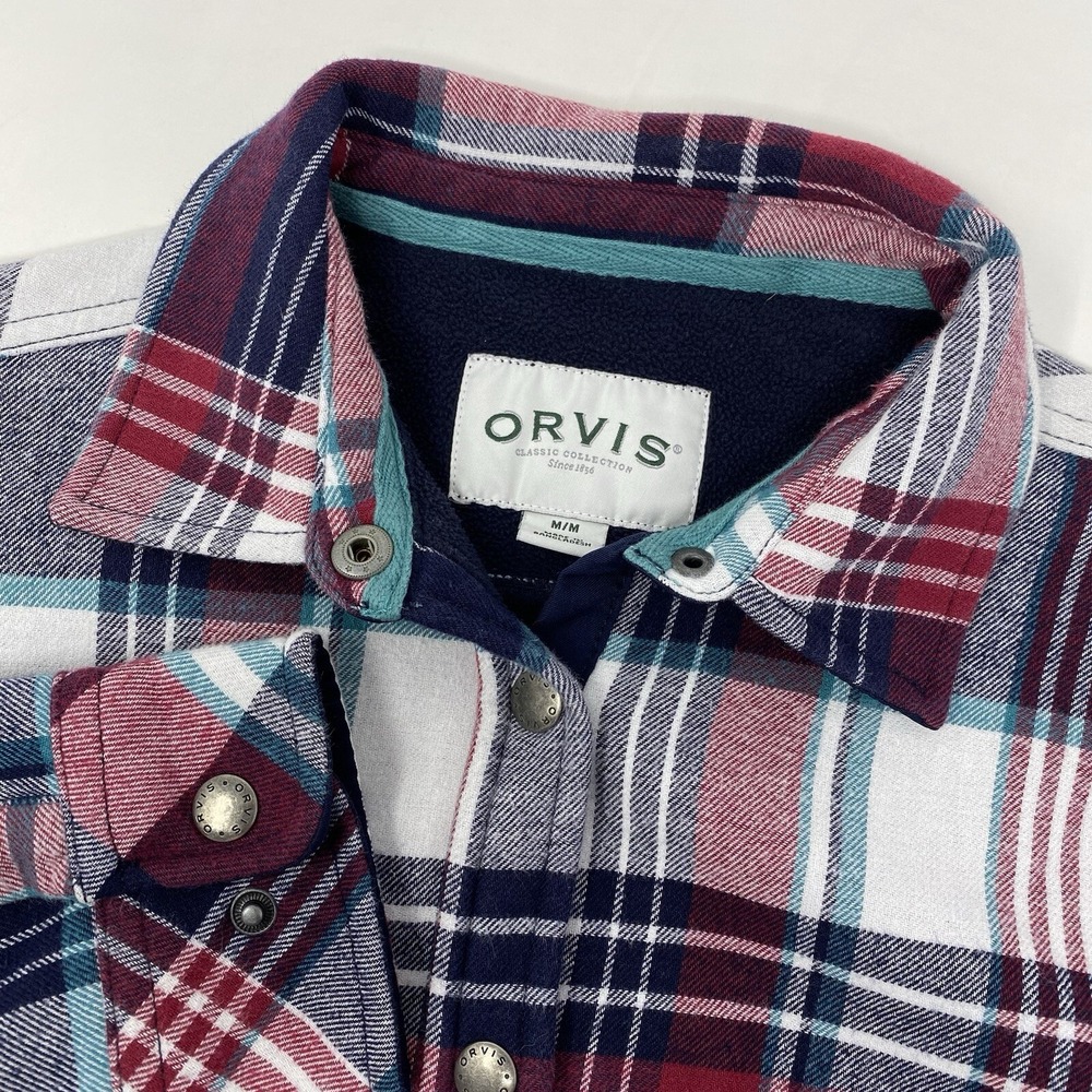 Orvis Shirt Jacket Men Medium‎ Red Navy Plaid Fleece Lined Snap Front Flannel